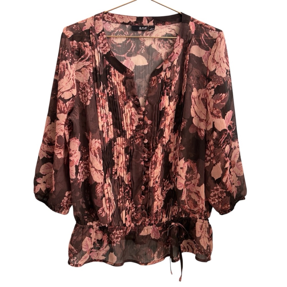 5for20 A.n.a Brown & Pink Floral Patterned Sheer Blouse With Waist Tie